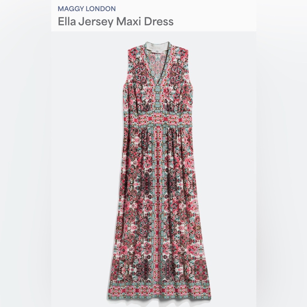 Maggy London Floral Pink and Aqua Jersey Maxi Dress